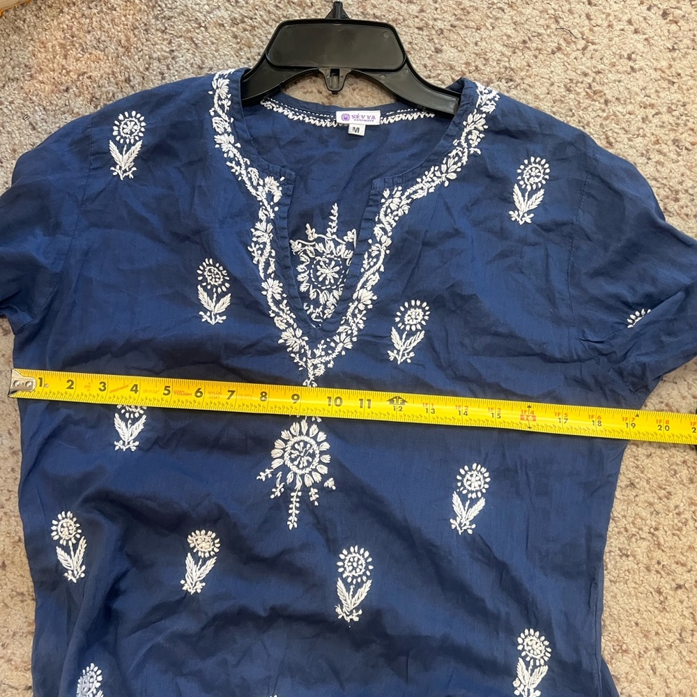 SEVYA 100% Cotton Blue Hand Embroidered 3/4 Sleeve Tunic Dress Beach Cover M - Picture 6 of 11
